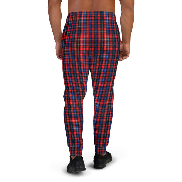 Red Blue Plaid Men's Joggers, Tartan Print Designer Ultra Soft & Comfortable Men's Joggers, Men's Jogger Pants-Made in EU (US Size: XS-3XL)
