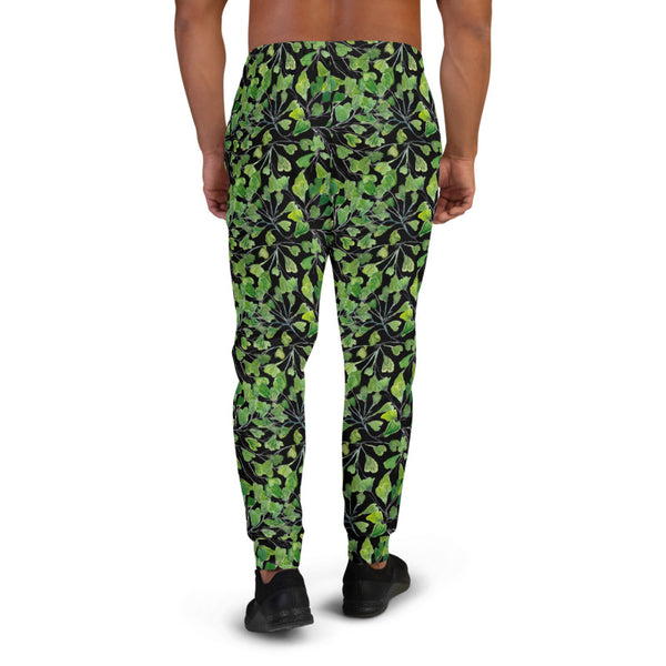 Black Maidenhair Men's Joggers, Green Best Designer Tropical Leaf Print Modern Slim-Fit Designer Ultra Soft & Comfortable Men's Joggers, Men's Jogger Pants-Made in EU/MX (US Size: XS-3XL)