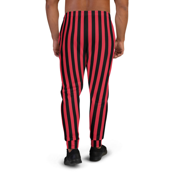 Red Black Striped Men's Joggers, Vertical Stripes Circus Rave Festival Modern Casual Minimalist Slim-Fit Designer Ultra Soft & Comfortable Men's Joggers, Men's Jogger Pants-Made in EU (US Size: XS-3XL)