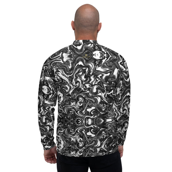 Black White Marble Bomber Jacket, Marble Print Modern Abstract Premium Quality Modern Unisex Jacket For Men/Women With Pockets-Made in EU