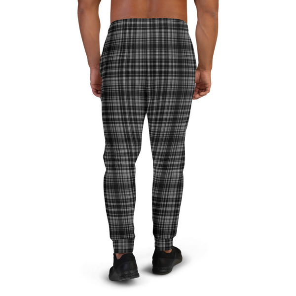 Black Grey Plaid Men's Joggers, Tartan Print Designer Ultra Soft & Comfortable Men's Joggers, Men's Jogger Pants-Made in EU (US Size: XS-3XL)