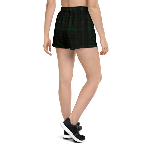 Dark Green Plaid Women's Shorts, Scottish Plaid Tartan Print Designer Best Women's Athletic Running Short Printed Water-Repellent Microfiber Individually Sewn Shorts With Elastic Waistband With A Drawstring And Mesh Side Pockets - Made in USA/EU (US Size: XS-3XL) Running Shorts Womens, Printed Running Shorts, Plus Size Available, Perfect for Running and Swimming  