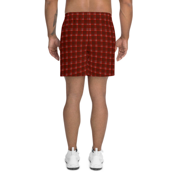 Dark Red Plaid Print Shorts, Traditional Preppy Tartan Plaid Print Men's Athletic Best Long Shorts- Made in EU (US Size: XS-3XL)