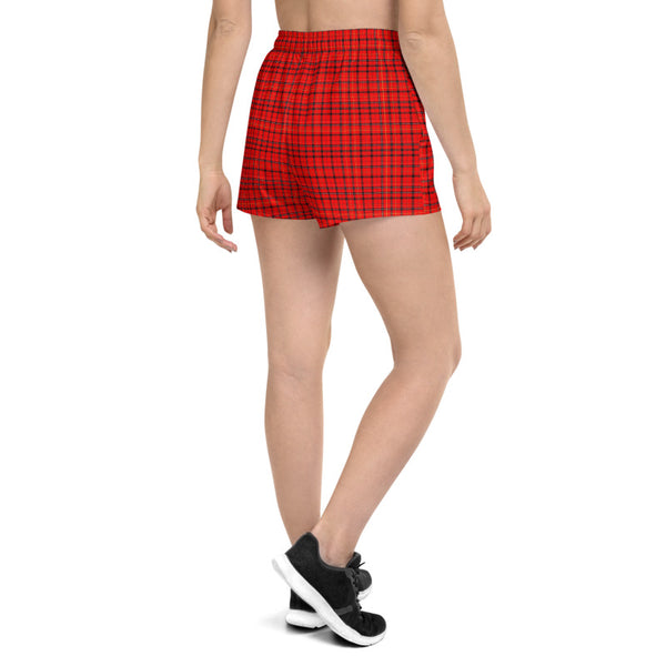 Red Plaid Women's Shorts, Scottish Plaid Tartan Print Designer Best Women's Athletic Running Short Printed Water-Repellent Microfiber Individually Sewn Shorts With Elastic Waistband With A Drawstring And Mesh Side Pockets - Made in USA/EU (US Size: XS-3XL) Running Shorts Womens, Printed Running Shorts, Plus Size Available, Perfect for Running and Swimming 