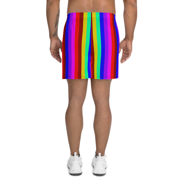Rainbow Striped Shorts, Gay Pride LGBTQ Friendly Rainbow Stripes Flag Print Men's Athletic Best Long Shorts- Made in EU (US Size: XS-3XL)