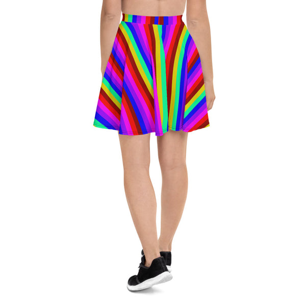 Rainbow Stripe Skater Skirt, Gay Pride Parade Best Colorful Women's Designer Polyester Spandex Mid-Thigh Length Elastic Waistband Skater Skirt, Made in USA/ Europe (US Size: XS-3XL)