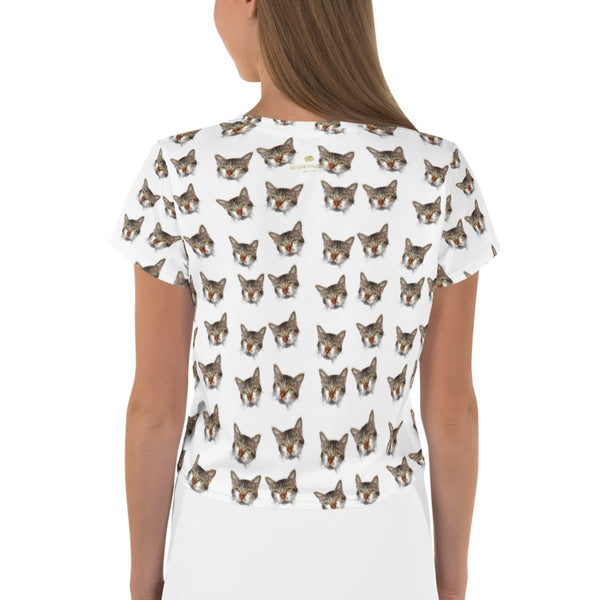 Cat Print Crop Tee, Cat Lovers Cropped Short T-Shirt Outfit, Crop Tee Top Women's T-Shirt, Made in Europe, (US Size: XS-3XL) Plus Size Available 