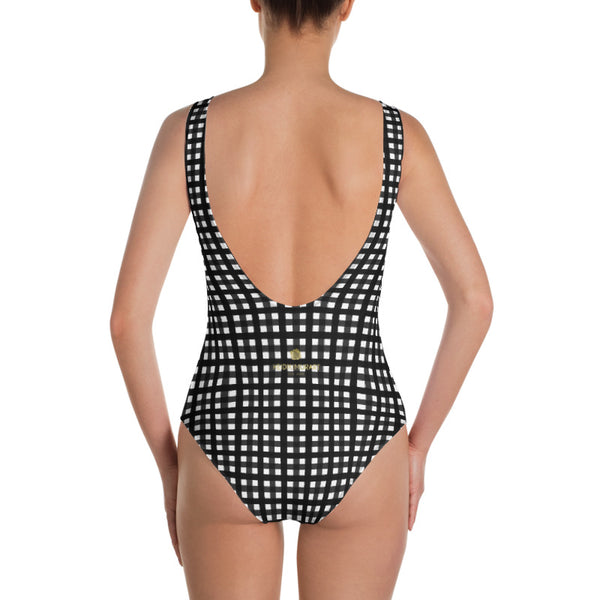 Black Buffalo Plaid Women's Swimsuit, Classic Plaid Print Luxury 1-Piece Swimwear Bathing Suits, Beach Wear - Made in USA/EU (US Size: XS-3XL) Plus Size Available
