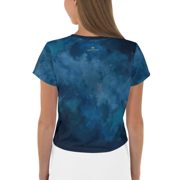 Tie Dye Crop Tee, Blue Abstract Cropped Short T-Shirt Outfit, Crop Tee Top Women's T-Shirt, Made in Europe, (US Size: XS-3XL) Plus Size Available 