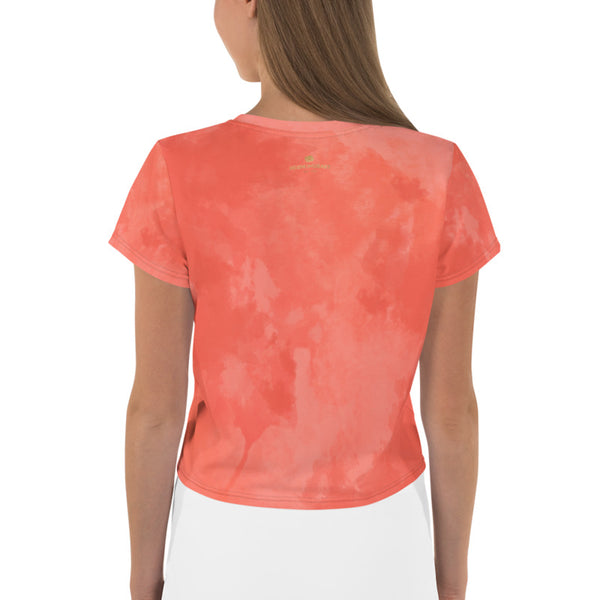 Coral Tie Dye Crop Tee, Coral Orange Pink Abstract Cropped Short T-Shirt Outfit, Crop Tee Top Women's T-Shirt, Made in Europe, (US Size: XS-3XL) Plus Size Available 