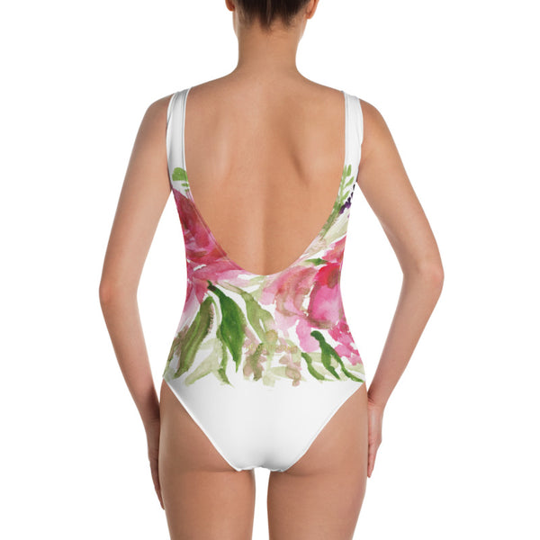 Pink Floral Women's Swimwear, White Pink Floral Print Women's Luxury 1-Piece Swimwear Bathing Suits, Beach Wear - Made in USA/EU (US Size: XS-3XL) Plus Size Available