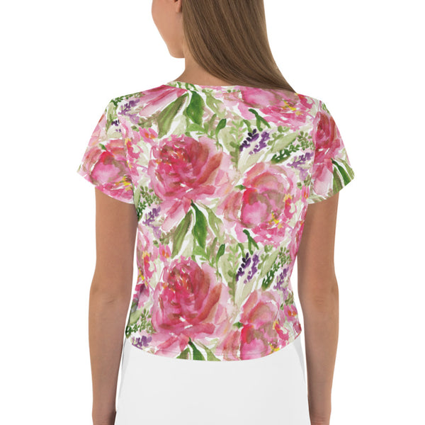 Pink Rose Crop Tee, Floral Flower Print Cropped Short T-Shirt Outfit, Crop Tee Top Women's T-Shirt, Made in Europe, (US Size: XS-3XL) Plus Size Available 