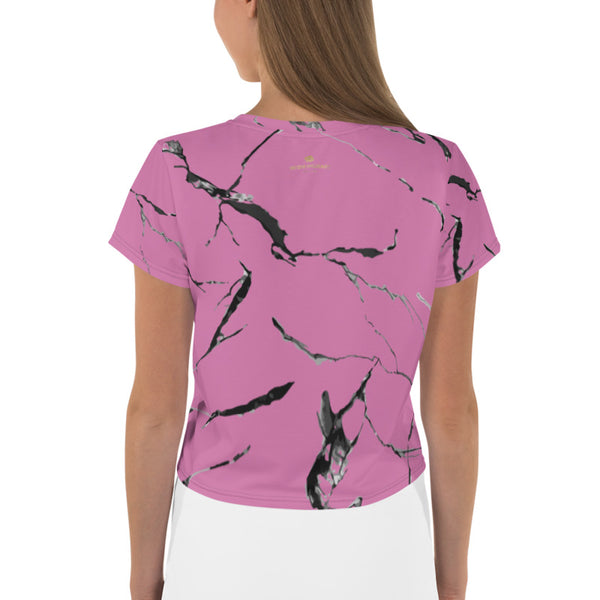Pink Marble Crop Tee, Marble Print Cropped Short T-Shirt Outfit, Crop Tee Top Women's T-Shirt, Made in Europe, (US Size: XS-3XL) Plus Size Available 