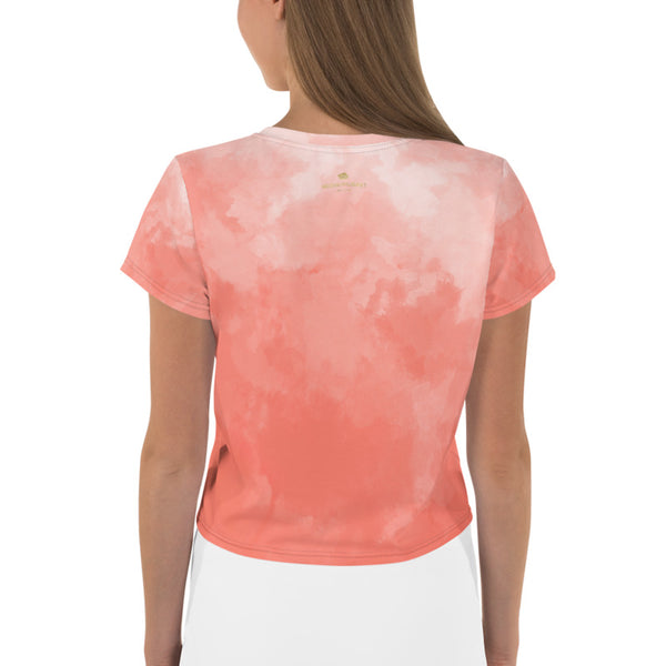 Peach Tie Dye Crop Tee, Coral Peach Pink Abstract Cropped Short T-Shirt Outfit, Crop Tee Top Women's T-Shirt, Made in Europe, (US Size: XS-3XL) Plus Size Available 