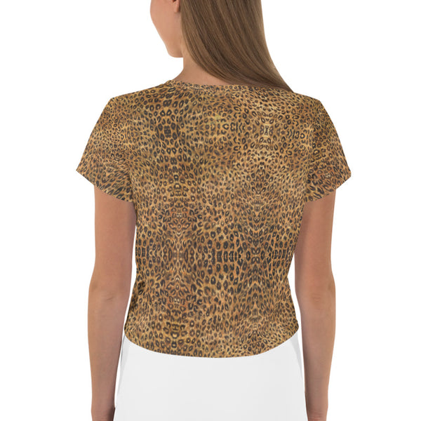 Brown Leopard Women's Crop Tee, Animal Print Cropped Short T-Shirt Outfit, Crop Tee Top Women's T-Shirt, Made in Europe, (US Size: XS-3XL) Plus Size Available 