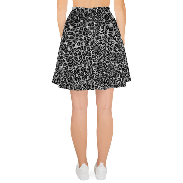 Gray Leopard Print Women's Skater Skirt, Best Gray Leopard Animal Print Alluring Print High-Waisted Mid-Thigh Women's Skater Skirt, Plus Size Available - Made in USA/EU (US Size: XS-3XL) Animal Print skirt, Leopard Print Skater Skirt, Leopard Skater Skirt