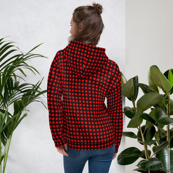 Buffalo Red Plaid Print Men's or Women's Unisex Soft Fleece Hoodie- Made in Europe-Men's Hoodie-Heidi Kimura Art LLC