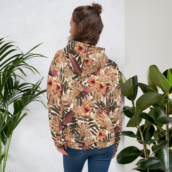 Brown Fall Tropical Leaf Print Men's Unisex Hoodie Sweatshirt Pullover- Made in EU-Men's Hoodie-Heidi Kimura Art LLC