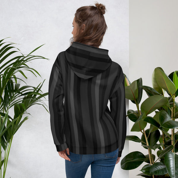 Black Gray Striped Hoodie, Vertical Stripe Print Premium Unisex Sweatshirt- Made in EU-Unisex Hoodie-Heidi Kimura Art LLC