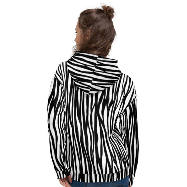 White Black Zebra Animal Print Premium Women's Unisex Hoodie- Made in Europe-Women's Hoodie-Heidi Kimura Art LLC