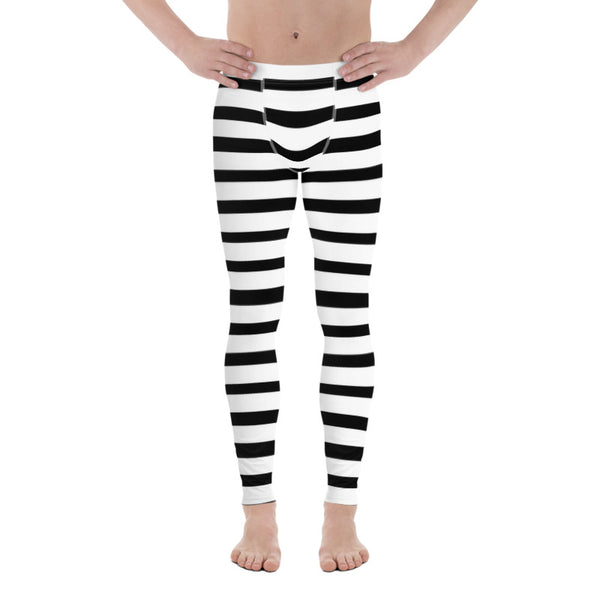 Black White Stripe Horizontal Print Premium Men's Leggings Meggings- Made in USA /EU-Men's Leggings-Heidi Kimura Art LLC