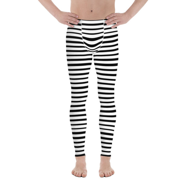 Black White Stripe Horizontal Print Premium Men's Leggings Stretchy Tights - Made in USA/EU-Men's Leggings-Heidi Kimura Art LLC