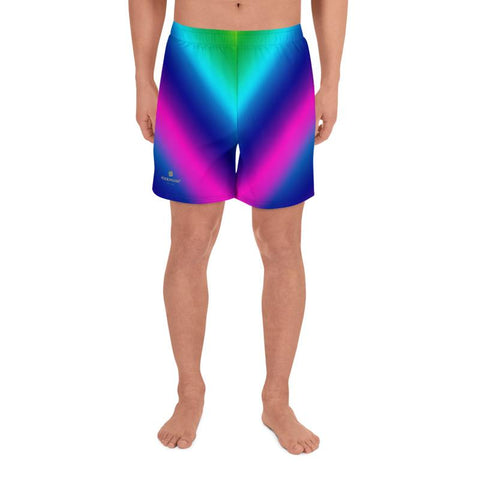 Blue Purple Futuristic Chevron Rainbow Ombre Print Men's Athletic Long Shorts- Made in EU-Men's Long Shorts-Heidi Kimura Art LLC Blue Rainbow Men's Shorts, Blue Purple Futuristic Chevron Rainbow Ombre Print Premium Quality Men's Athletic Long Fashion Shorts (US Size: XS-3XL) Made in Europe, Gay Pride Men's Ombre Shorts, Best Men's Workout Shorts