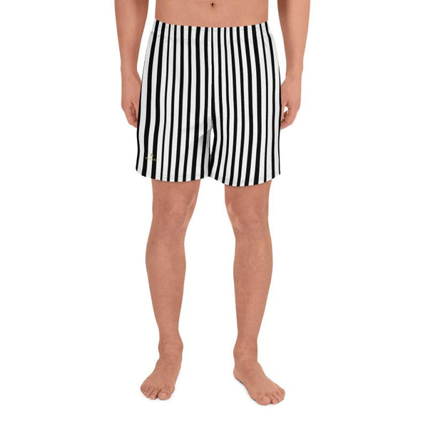 Designer Premium Black White Vertical Stripe Print Men's Athletic Long Shorts-Made in EU-Men's Long Shorts-Heidi Kimura Art LLC