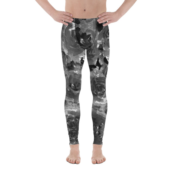Gray Rose Men's Leggings, Floral Abstract Print Premium Elastic Comfy Men's Leggings Fitted Tights Pants - Made in USA/EU (US Size: XS-3XL) Spandex Meggings Men's Workout Gym Tights Leggings, Compression Tights, Kinky Fetish Men Pants