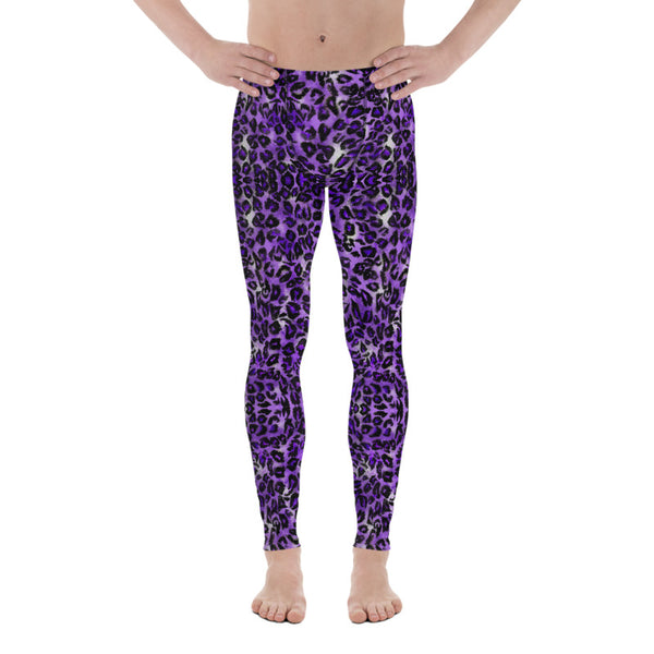 Purple Leopard Men's Leggings,  Leopard Animal Print 38-40 UPF Fitted Elastic Men's Leggings Meggings Sexy Workout Compression Tights/ Pants- Made in USA/EU (US Size: XS-3XL)