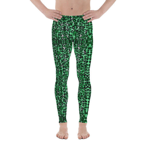 Green Leopard Meggings, Animal Print Men's Leggings, Premium Classic Elastic Comfy Men's Leggings Fitted Tights Pants - Made in USA/EU (US Size: XS-3XL) Spandex Meggings Men's Workout Gym Tights Leggings, Compression Tights, Kinky Fetish Men Pants