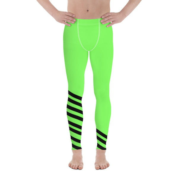 Bright Neon Green Black Diagonal Stripe Print Men's Leggings Meggings-Made in USA/EU-Men's Leggings-Heidi Kimura Art LLC
