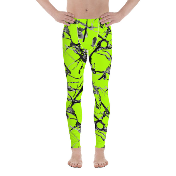 Neon Green Marble Print Meggings, Premium Rave Party Men's Leggings- Made in USA/EU-Men's Leggings-Heidi Kimura Art LLC