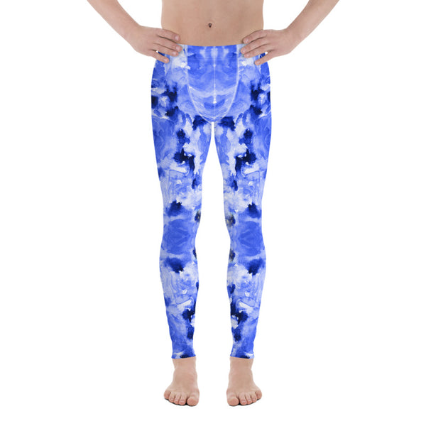 Blue Floral Men's Leggings, Abstract Print Sexy Premium Classic Elastic Comfy Men's Leggings Fitted Tights Pants - Made in USA/EU (US Size: XS-3XL) Spandex Meggings Men's Workout Gym Tights Leggings, Compression Tights, Kinky Fetish Men Pants