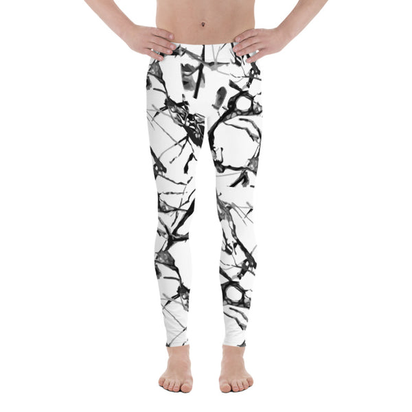 White Marble Abstract Print Meggings, Designer Men's Leggings Tight Pants - Made in USA/EU-Men's Leggings-Heidi Kimura Art LLC