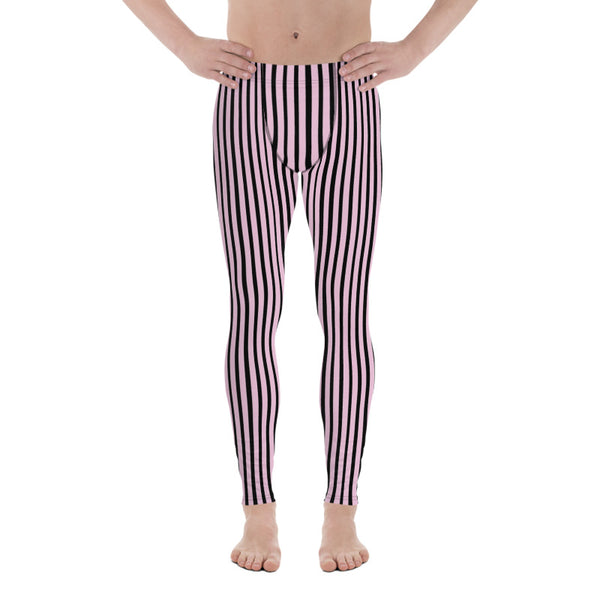 Light Pink Black Striped Meggings, Premium Men's Leggings With Stripes- Made in USA/EU-Men's Leggings-Heidi Kimura Art LLC