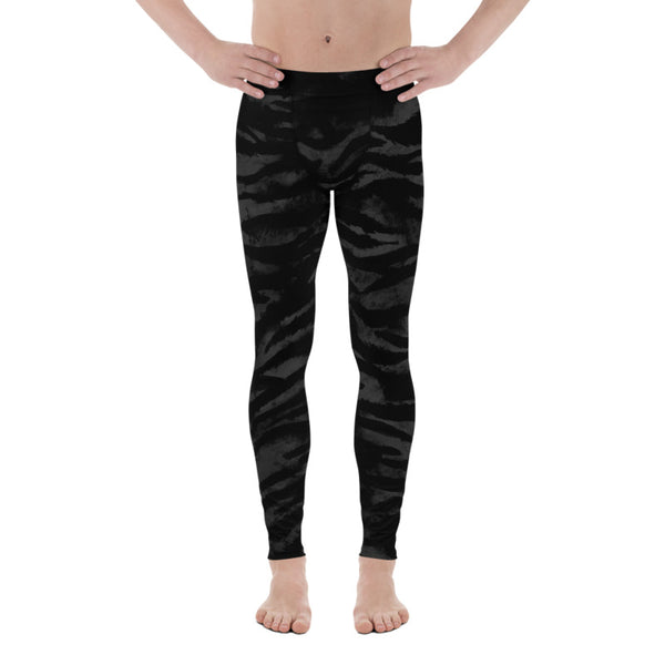 Black Tiger Striped Meggings, Animal Print Premium Elastic Comfy Men's Leggings Fitted Tights Pants - Made in USA/EU (US Size: XS-3XL) Spandex Meggings Men's Workout Gym Tights Leggings, Compression Tights, Kinky Fetish Men Pants