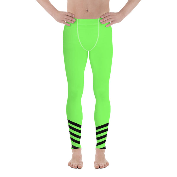 Bright Neon Green Diagonal Stripe Print Men's Leggings Rave Tights -Made in USA/ EU-Men's Leggings-Heidi Kimura Art LLC