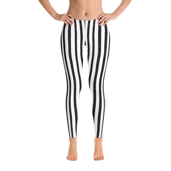 Black White Striped Print Women's Casual Dressy Fashion Leggings- Made in USA/ EU-Casual Leggings-Heidi Kimura Art LLC