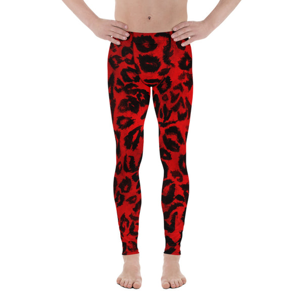 Red Hot Leopard Animal Print Spandex Men's Leggings Running Tights- Made in USA/EU-Men's Leggings-Heidi Kimura Art LLC