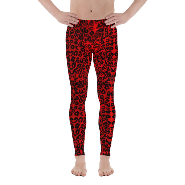 Red Leopard Men's Leggings, Wild Bright Leopard Animal Print 38-40 UPF Fitted Elastic Men's Leggings Meggings Sexy Workout Compression Tights/ Pants- Made in USA/EU (US Size: XS-3XL)
