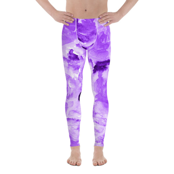 Purple Floral Men's Leggings, Abstract Print Sexy Premium Classic Elastic Comfy Men's Leggings Fitted Tights Pants - Made in USA/EU (US Size: XS-3XL) Spandex Meggings Men's Workout Gym Tights Leggings, Compression Tights, Kinky Fetish Men Pants