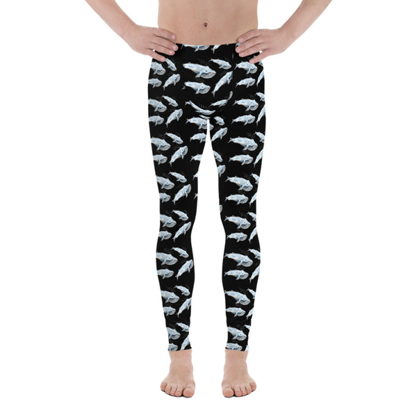 Blue Whale Men's Black Leggings, Marine Fish Compression Tights-Made in USA/EU-Heidikimurart Limited -Heidi Kimura Art LLC Black Whale Men's Leggings, Men's Watercolor Blue Whale Men's Leggings, Whale Marine Life Men's Modern Meggings, Men's Leggings Tights Pants - Made in USA/EU (US Size: XS-3XL) White Sexy Meggings Men's Workout Gym Tights Leggings