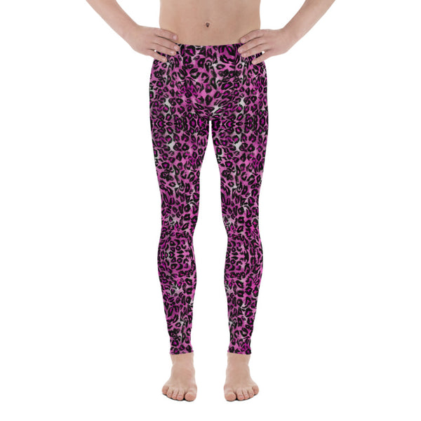 Pink Leopard Men's Leggings, Cute Leopard Animal Print 38-40 UPF Fitted Elastic Men's Leggings Meggings Sexy Workout Compression Tights/ Pants- Made in USA/EU (US Size: XS-3XL)