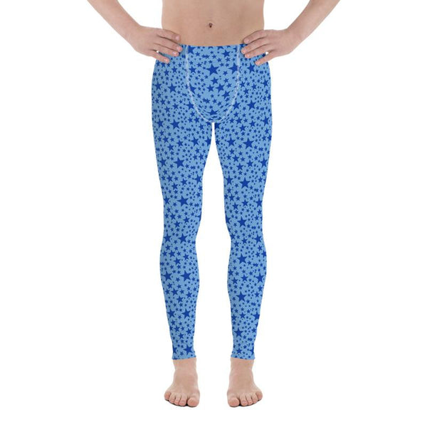 Light Blue Star Print Pattern Designer Men's Leggings Compression Pants - Made in USA/EU-Men's Leggings-Heidi Kimura Art LLC
