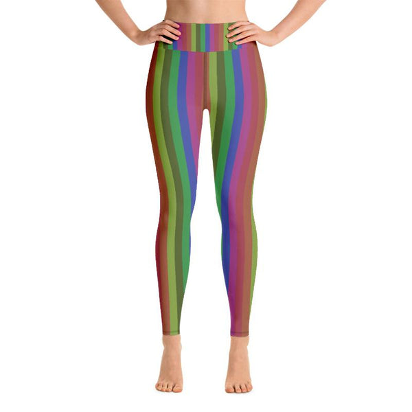 Faded Rainbow Stripe Retro Style Print Women's Yoga Leggings- Made in USA-Leggings-Heidi Kimura Art LLC