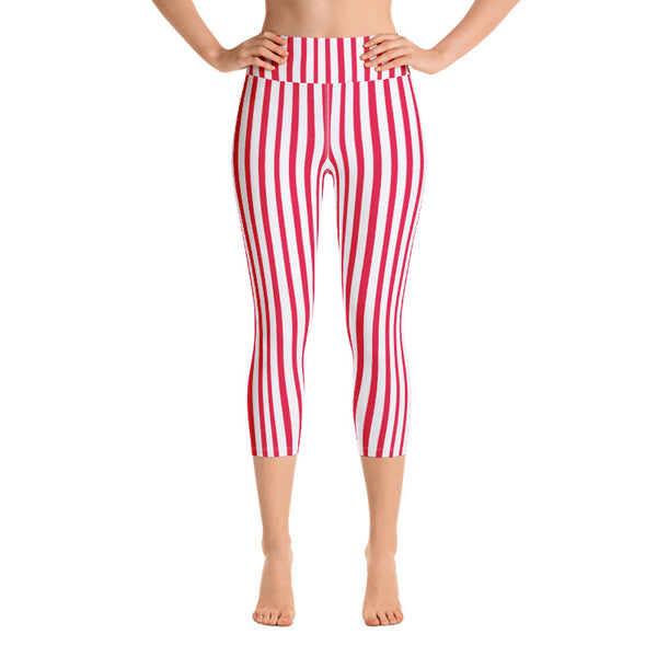 White Red Vertical Stripe Print Women's Yoga Capri Leggings Pants- Made in USA/ EU-Capri Yoga Pants-Heidi Kimura Art LLC