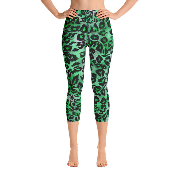 Green Leopard Animal Print Women's Yoga Capri Leggings Tights - Made in USA/ EU-Capri Yoga Pants-Heidi Kimura Art LLC