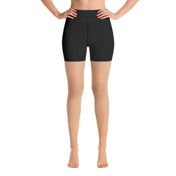 Black Solid Color Women's Workout Fitness Yoga Shorts With Pockets- Made in USA-Yoga Shorts-Heidi Kimura Art LLC