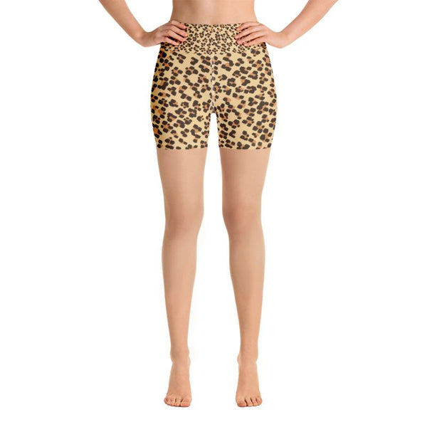 Brown Cute Leopard Animal Print Premium Women's Yoga Shorts Pants- Made in USA/ EU-Yoga Shorts-Heidi Kimura Art LLC
